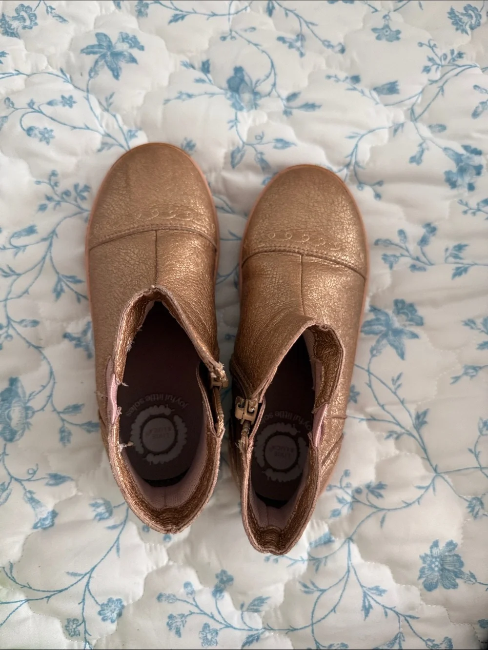 Livie & Luca Metallic Rose Gold Toddler Boots with Pink Flower